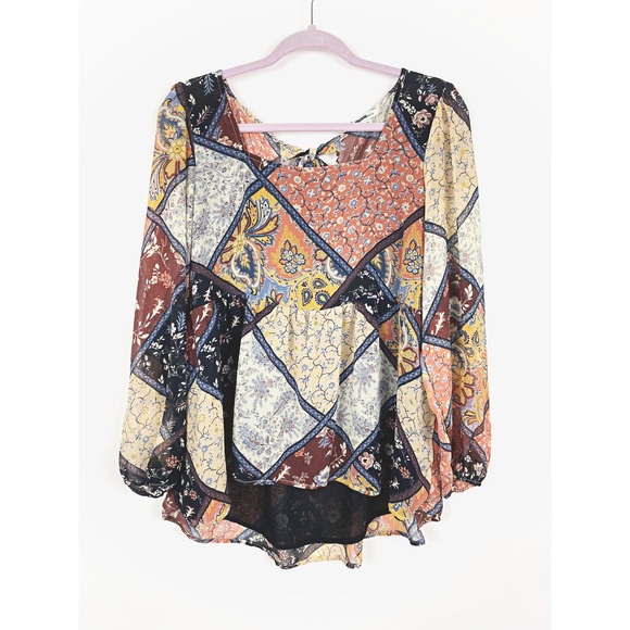 American Eagle Outfitters Tops - AEO Patchwork Floral Paisley Boho Peplum Blouse Tie Back Medium